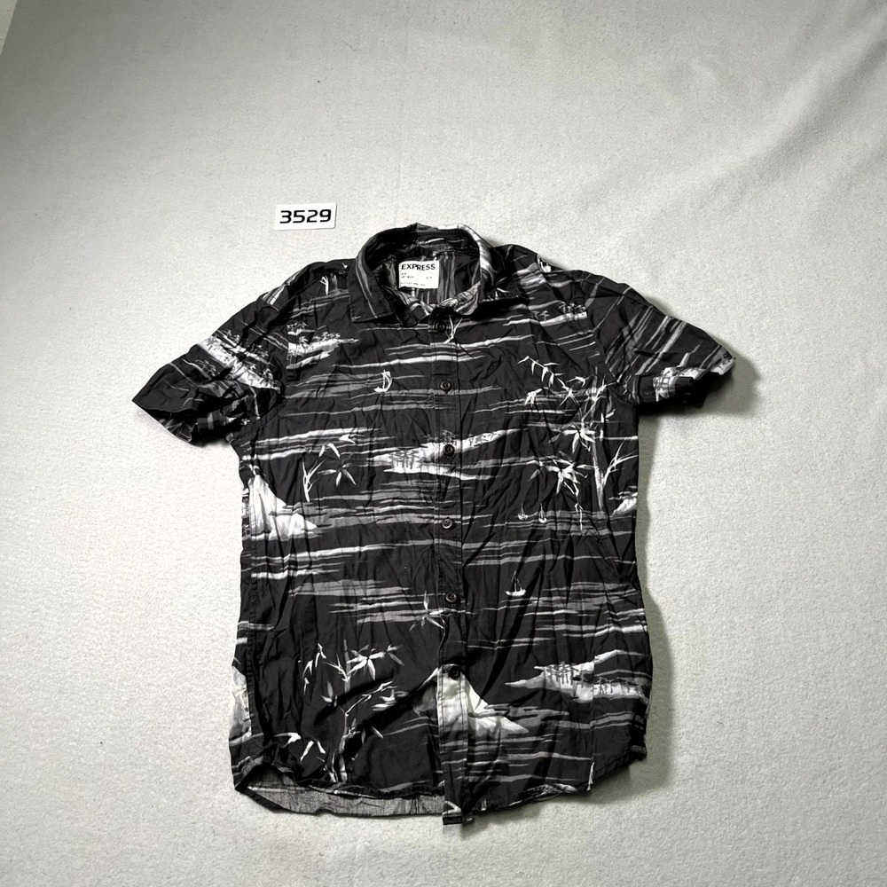 Express Shirt Mens XS Black White Palm Tree Print Cotton Slim Fit Soft Wash